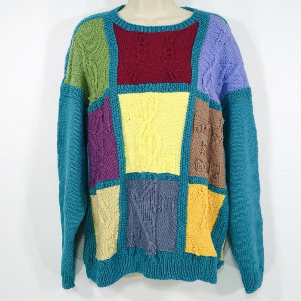 Vintage Hand Knit Novelty Sweater Sz L Pullover Musical Instruments Multi Color